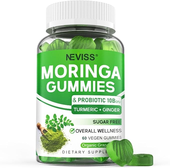 Moringa Gummies for Women Men Sugar Free Vegan with 10 Billion CFU Probiotic Turmeric Ginger Ceylon Cinnamon Chewable Organic Pure Moringa Leaf Supplement for Adults | Gut &amp Immune Support 60