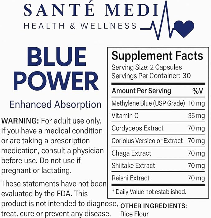Blue Power - Methylene Blue (USP Grade) Pharma Grade - 60 Capsules with Added Vitamin C Ester for Enhanced Absorption - Brain Supplement for Memory Focus Clarity Cognitive Function
