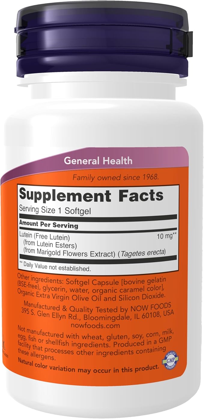 NOW Foods Supplements Lutein 10 mg with 10 mg of Free Lutein from Lutein Esters 60 Softgels