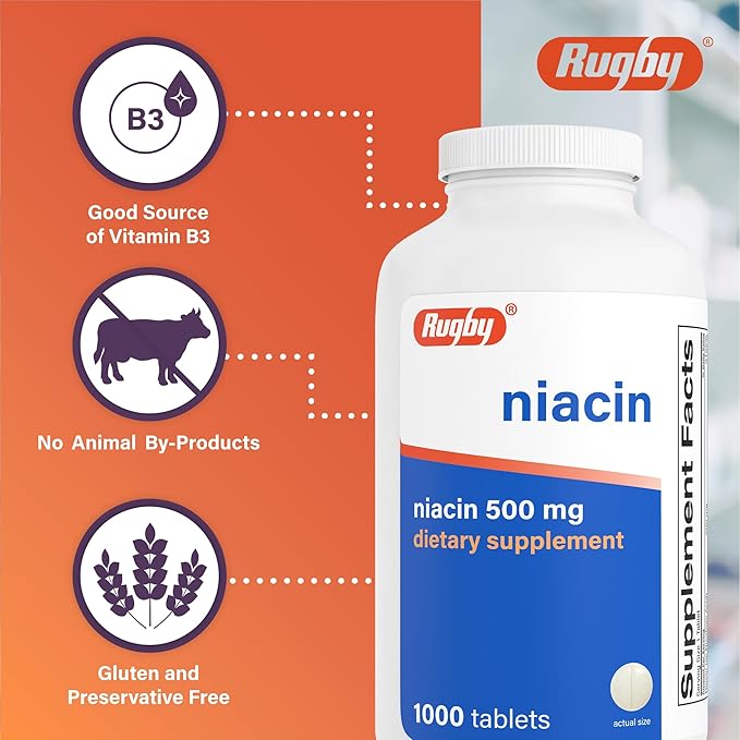 Rugby Niacin 500mg - Vitamin B3 Supplement for Men and Women - 1000 Tablets (2-Pack)