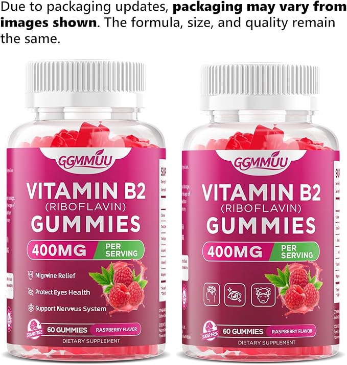 2 Pack Vitamin B2 Gummies Riboflavin 400mg Supplement with Magnesium for Kids &amp Adults B2 Gummies for Nervous System Support &amp Skin Health Raspberry Flavor 120 Count