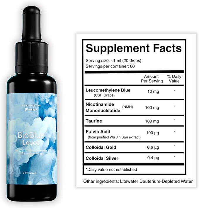 BIOLIGHT BioBlue Leuco | USP Leucomethylene Blue w/Litewater Deuterium-Depleted Water | Mitochondrial Support Wellness &amp Longevity | Increased Energy Focus Exercise Capacity | 2 fl oz 1% Solut