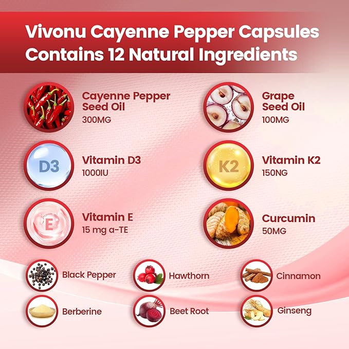 Cayenne Pepper Softgels Supplement with Vitamin E D3+K2 and Extracts of Turmeric Grape Seed Hawthorn Beetroot Berberine and Others Supports Leg Vein Heart and Blood Vessel Health (1 Pack)