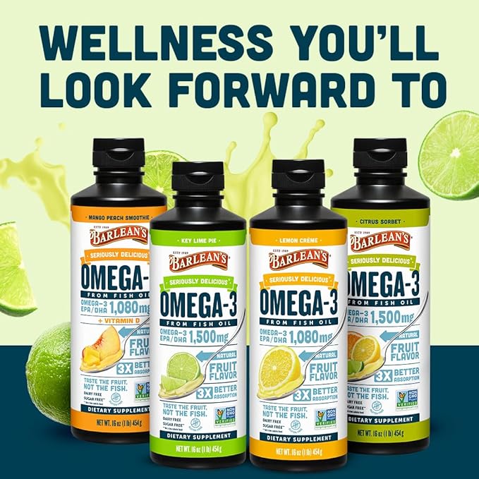 Barlean's Omega 3 Fish Oil Liquid Supplement for Men and Women 1500mg of EPA and DHA Fatty Acid Promotes Brain &amp Heart Health - Non-GMO Key Lime Pie 16 oz
