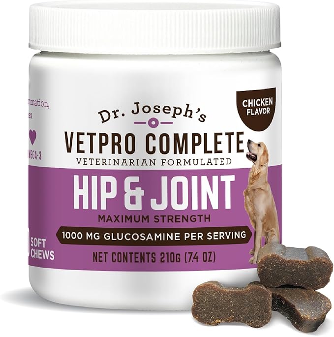 Dr. Joseph's VetPro Complete Dog Hip &amp Joint Supplement for Arthritis Pain Relief – High-Strength Glucosamine &amp Chondroitin Chews for Senior Dogs – Vet Formulated Daily Treats Chicken Flavor