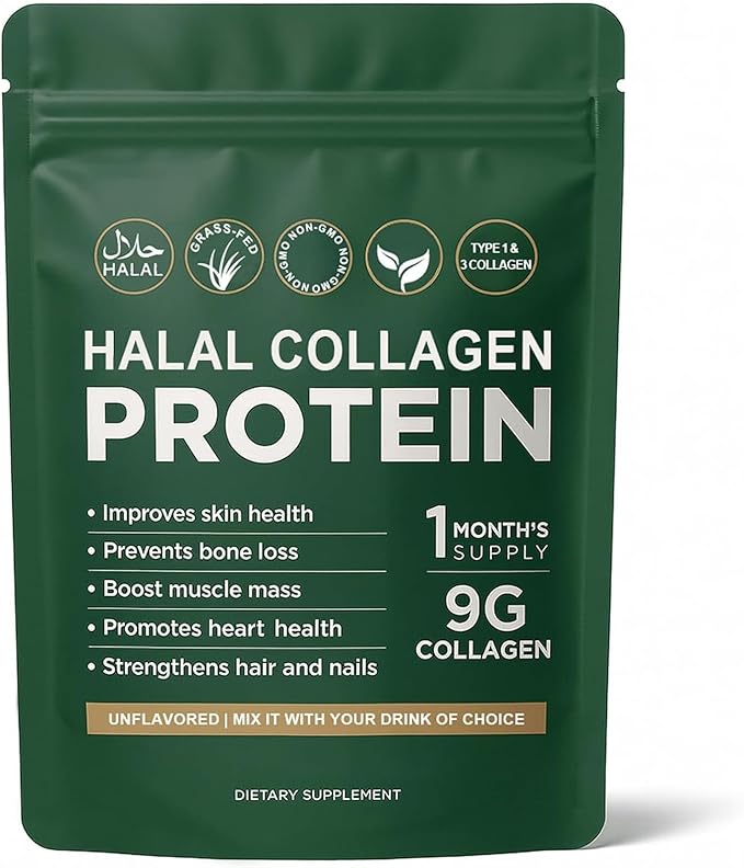 Halal Collagen Protein Powder Grass-Fed Collagen Peptides Powder Type I&ampIII 100% Hydrolyzed for Hair Skin Nails Gut Bone &amp Joint Health for Women and Men Sugar Free Unflavoured (1)