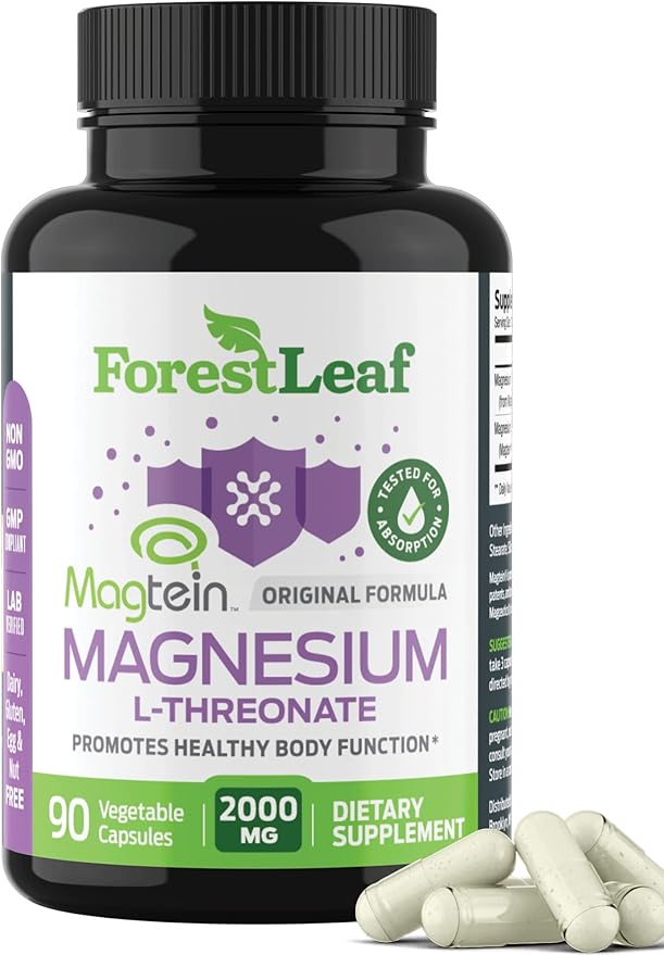 Forest Leaf Magnesium L-Threonate Magtein Capsules - 2000mg Magnesium Threonate Supplement Supports Cognitive Function Focus Brain Deep Calm and Sleep for Men &amp Women | 90 Powder Veg Caps