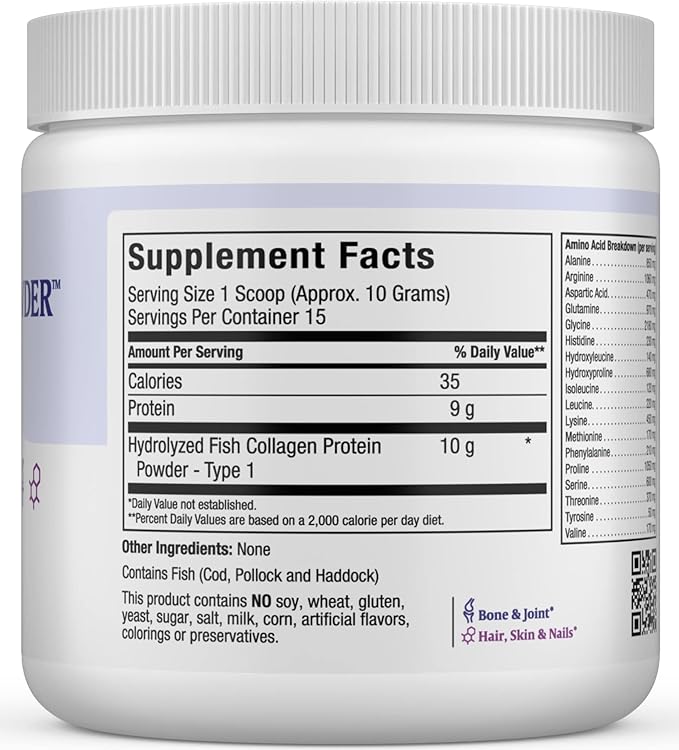 Maxi Health Collagen Peptides Powder – Type I Unflavored Marine Powder Collagen for Women &amp Men - Wild-Caught Protein Supplement for Joints Skin Hair &amp NailNails (5.46 oz)