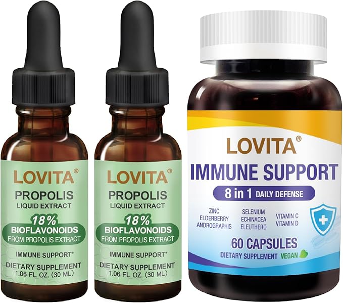 LOVITA Propolis &amp Immune Caps Bundle - 2 Liquid Drops &amp 1 Daily Defense 8-in-1 (60ct) Alcohol-Free Extract &amp Elderberry Blend (3 Pc Set)