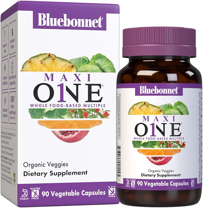 Bluebonnet Nutrition Maxi One (with Iron) Whole Food Multiple Enzymes Energy Vitality Gluten-Free Kosher Dairy-Free Vegetarian Friendly Soy-Free Non-GMO 90 Vegetable Capsule 3 Month Supply