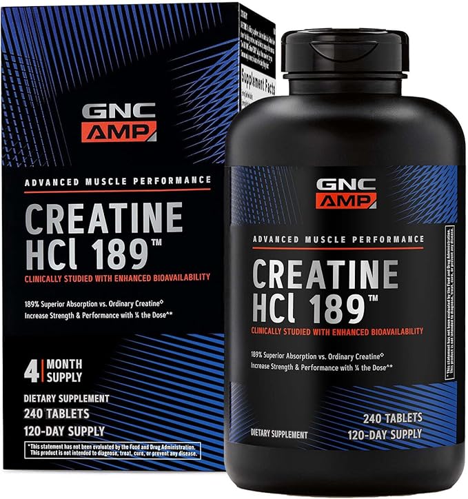 GNC AMP Creatine HCl 189 Pills Supports Strength &amp Muscle Building Athletic Performance Energy Production Recovery Supplement Fast Absorbing Gluten Free Formula 240 Tablets (1 Pack)