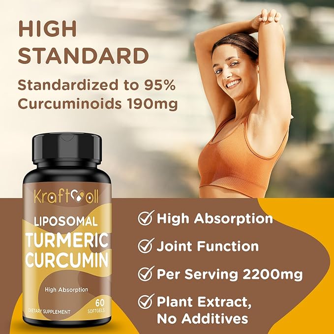 Liposomal Turmeric Curcumin Supplement 2200 mg with Black Pepper Extract 15 mg for High Absorption and Joint Function 60 Softgels for Adults