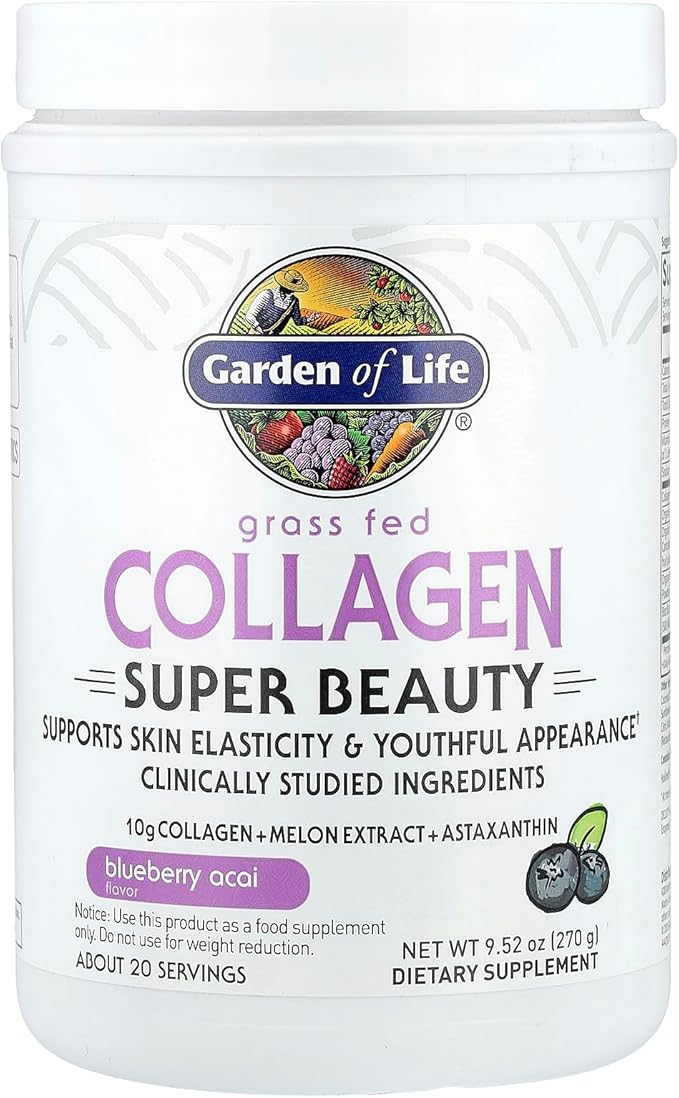 Garden of Life Grass Fed Collagen Powder Blueberry Acai Hydrolyzed Collagen Peptides Powder Supplement Drink Mix 20 Servings