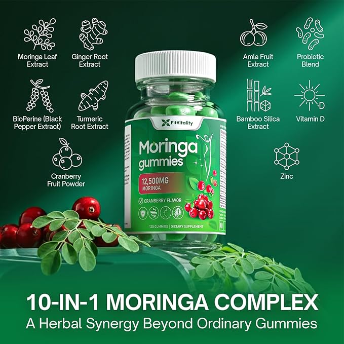 120 Moringa Gummies with Ginger Turmeric Cranberry Amla Fruit &amp Probiotics | Vegan Sugar-Free Gummies