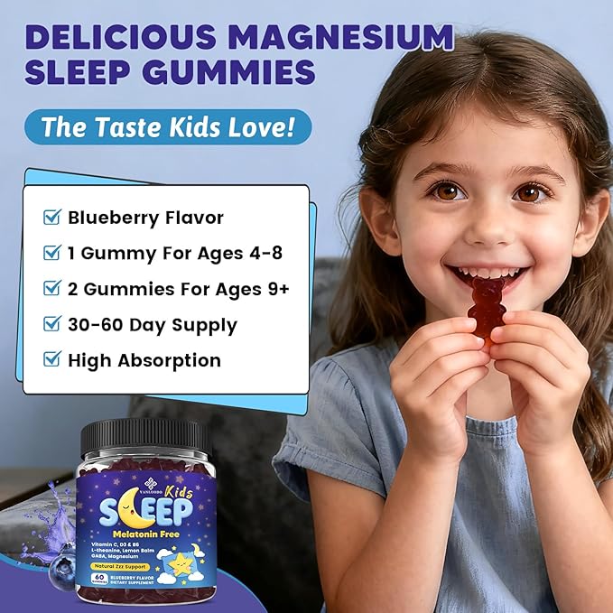 Kids Sleep Gummies Melatonin Free - with Magnesium Glycinate Lemon Balm L-Theanine &amp GABA - Calming Relaxation Support Natural Sleep Quiet Mind - Berry Flavor Non-Habit Forming