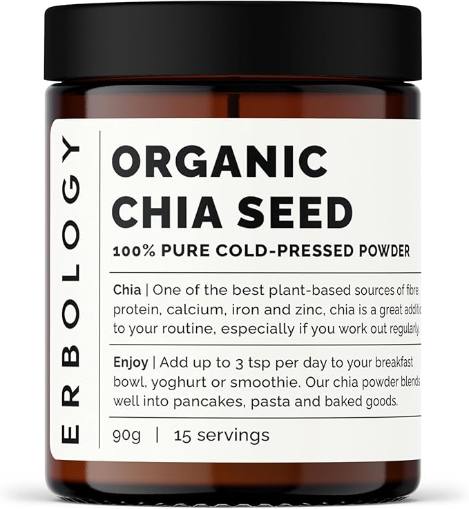 Erbology Organic Chia Powder 3.2 oz - Cold-Pressed from 100% Chia Seeds - Rich in Fibre Protein and Minerals - Raw Vegan and Gluten-Free - Non-GMO - Recyclable Glass Jar