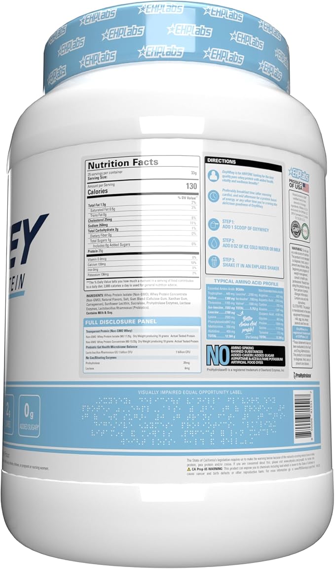 EHP Labs OxyWhey Whey Protein Isolate – 25g High Protein Low Carb Sugar Free Meal Replacement – Lean Whey Powder for Muscle Recovery – Non-GMO Gluten Free – 25 Serves – Vanilla Ice Cream