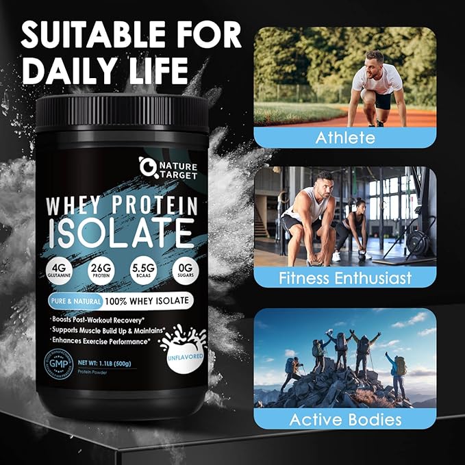 NATURE TARGET Whey Protein Powder Unflavored Protein Powder Whey Protein Isolate for Muscle Growth &amp Recovery 26G Protein Gluten Free &amp No Sugars 16 Servings 1.10 Pound (500 G)