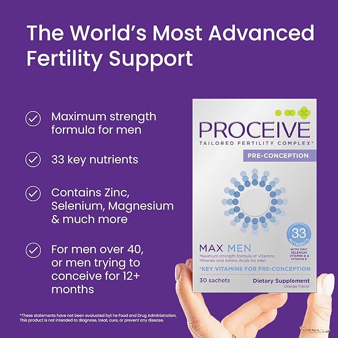 Proceive Max Tailored Fertility Supplement for Men Pre Conception Vitamins Minerals and Amino Acids with Vitamin D Zinc Selenium and Vitamin E 30 Vegan Drink Mix Packets Orange Flavor