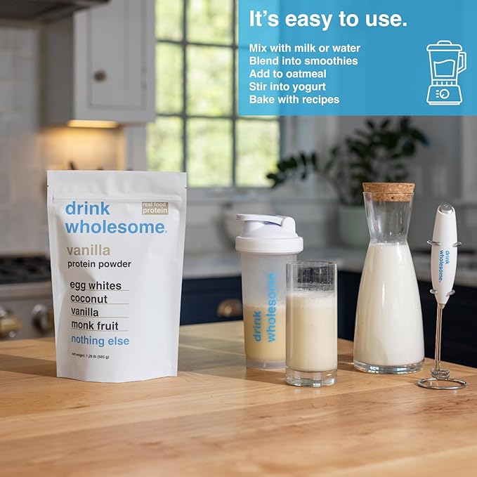 drink wholesome Vanilla Egg White Protein Powder for Sensitive Stomachs | Minimally-Processed Whole-Food Protein | Additive-Free Dairy-Free Gluten-Free | Low FODMAP