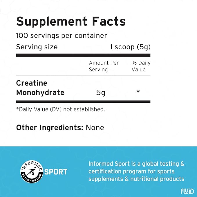 Fluid Creatine - Informed Sport Certified | Ultra-Fine Micronized 100% Creatine Monohydrate Powder | Unflavored | 5g Serving | 100 Serving Bulk Pack