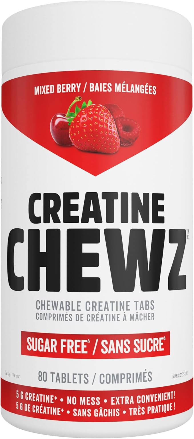 PVL Creatine Chewz – Sugar-Free Chewable Creatine Supplement for On-The-Go Use – 5g Creatine Monohydrate Per Day – Pre Workout &amp Muscle Recovery Support – 80 Tablets – Mixed Berry