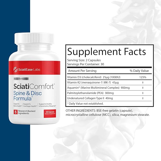 SciatiEase SciatiComfort Spine and Disc Support Supplement Sciatic Nerve Health Support Supplement - VIT D3 K2 Aquamin Calcium Magnesium Type II Collagen Pea (Palm Collagen) - 30 Day Supply
