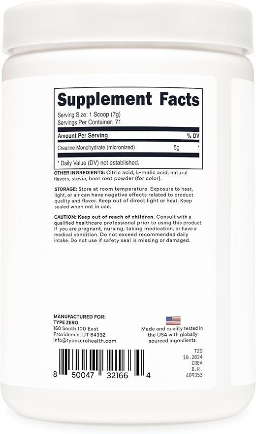 Type Zero Creatine Monohydrate Powder 500 Grams Tropical Punch Flavored - Gluten-Free