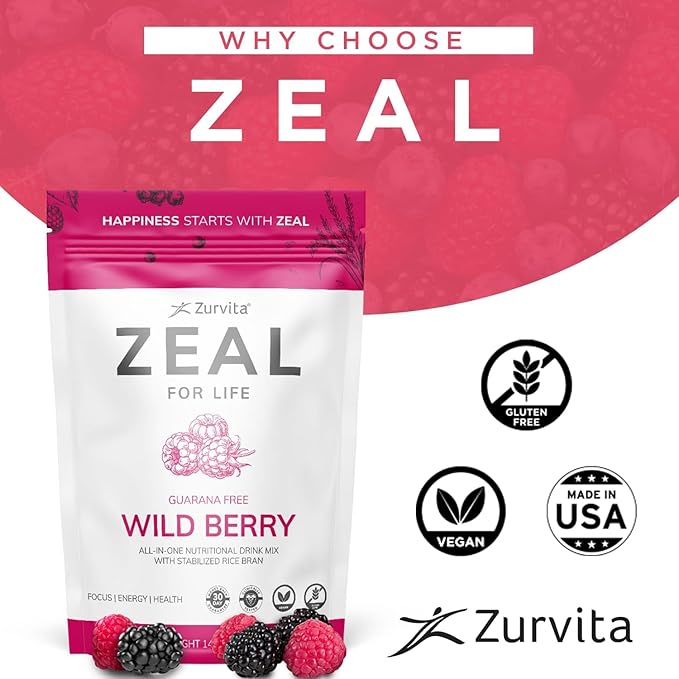 Zurvita - Zeal for Life 30-Day Wellness Bag - Wild Berry (Guarana Free) - Nutritional Supplement for Vitality Immunity and Wellness - 420 Grams
