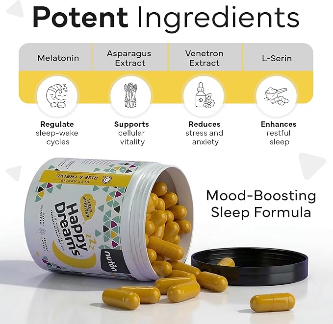 Nuton Happy Dreams Natural Sleep Aid Supplement &amp Cellular Vitality - Melatonin Sleep Aid for Adults Time Release Formula with ETAS Asparagus L-Serine and Venetron Extract 60 Veggie Capsules