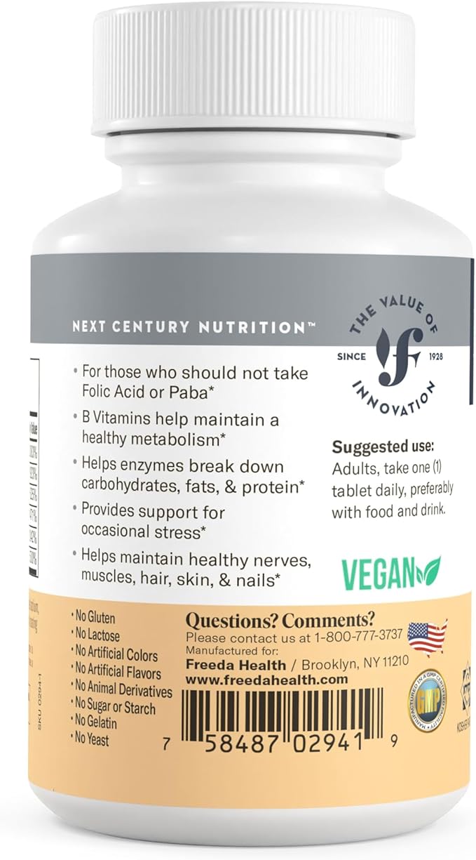 Freeda Vitamin B Complex No Folic No PABA - Super B Complex Kosher Vitamin Supplement with Vitamin B1 Vitamin B2 Vitamin B3 Vitamin B5 Vitamin B6 Vitamin B12 - Vit B Complex B for Women &amp Men (100