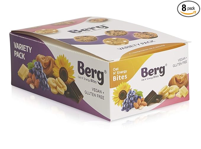 Berg Energy Bites Variety Pack – Plant-Based Protein Snack with 16g Protein &amp 1g Sugar – Vegan Gluten-Free Low Sugar High Fiber Non-GMO Prebiotic Superfood Bites – 1.5oz (8 Pack)