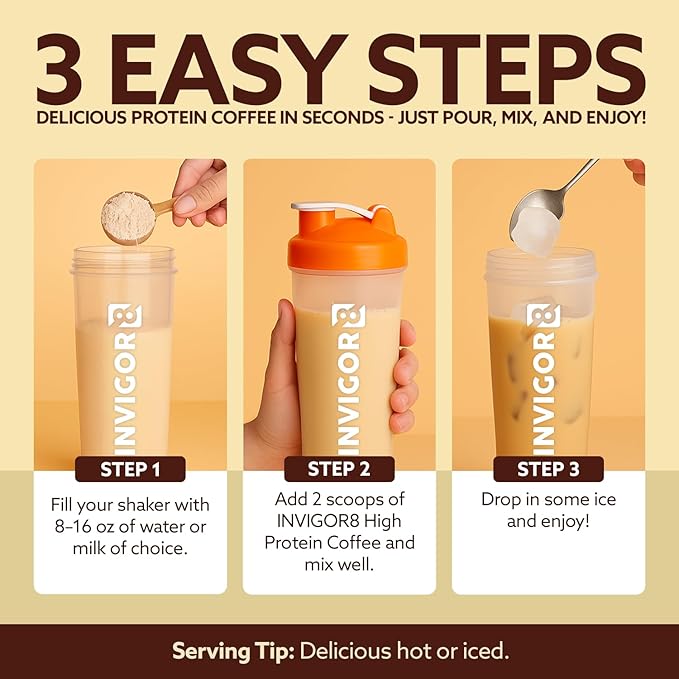 INVIGOR8 High Protein Coffee Powder 25 Grams Whey Isolate100mg Natural Green Tea Caffeine | 0 Added Sugar Keto Gluten Free 99.9% Lactose Free | Hot or Iced15 Serving 15 Servings (17 OZ Original)