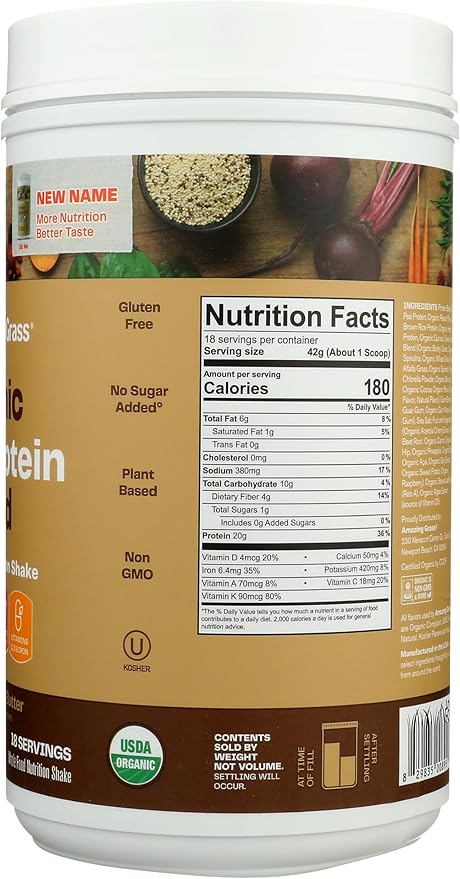 Amazing Grass Organic Plant Protein Blend: Vegan Protein Powder New Protein Superfood Formula All-In-One Nutrition Shake With Beet Root Original 18 Servings (Chocolate Peanut Butter)