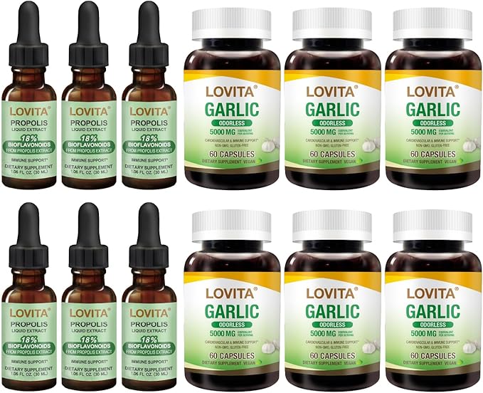 LOVITA Ultimate Stock Up Bundle - 6 Propolis Liquid &amp 6 Odorless Garlic Bottles Year-Round Health Supply (12 Pc)