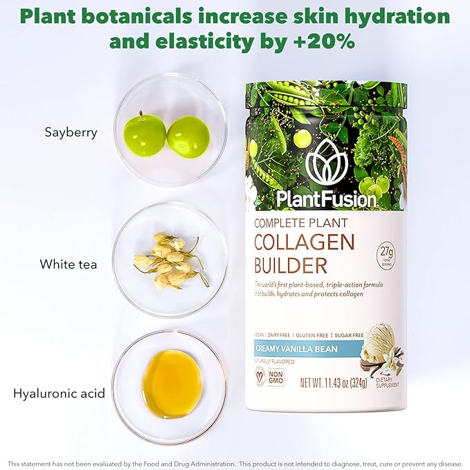 PlantFusion Vegan Collagen Powder - Plant Based Collagen Protein Powder for Muscle &amp Joints Hair Skin &amp Nails - Keto Gluten Free Soy Free Non-Dairy No Sugar Non-GMO - Vanilla 11.43 oz