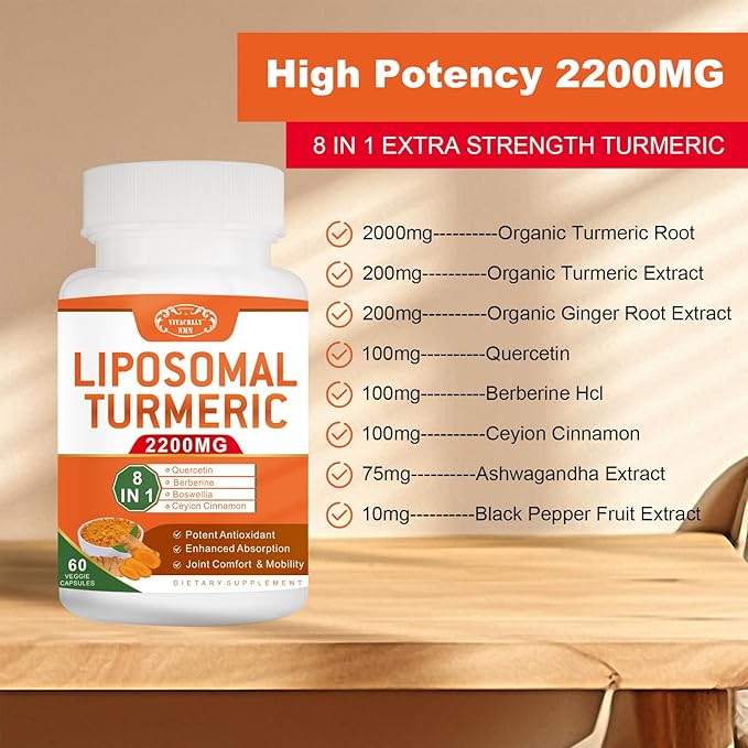 2200mg Liposomal Turmeric Curcumin Supplement 95% Curcumin Extract for Joint Support 180 Capsules