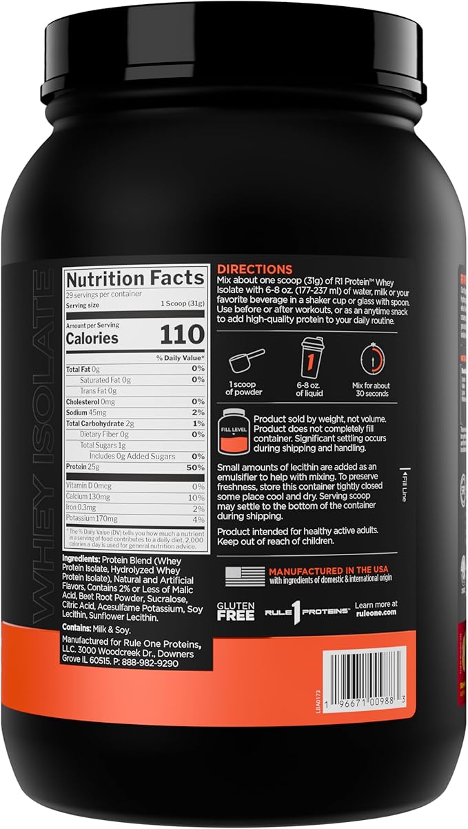 Rule 1 R1 Protein Whey Isolate - with 25g Protein &amp 6g BCAA Exclusively from Isolated &amp Hydrolyzed Sources for Workout Recovery (2 Pounds* Strawberry Banana)