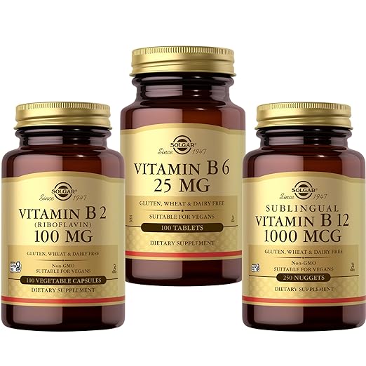 SOLGAR Vitamin B Bundle: B6 25 mg 100 Tablets + Sublingual B12 1000 mcg Nuggets 250 Count + B2 (Riboflavin) 100mg 100 Vegetable Capsules