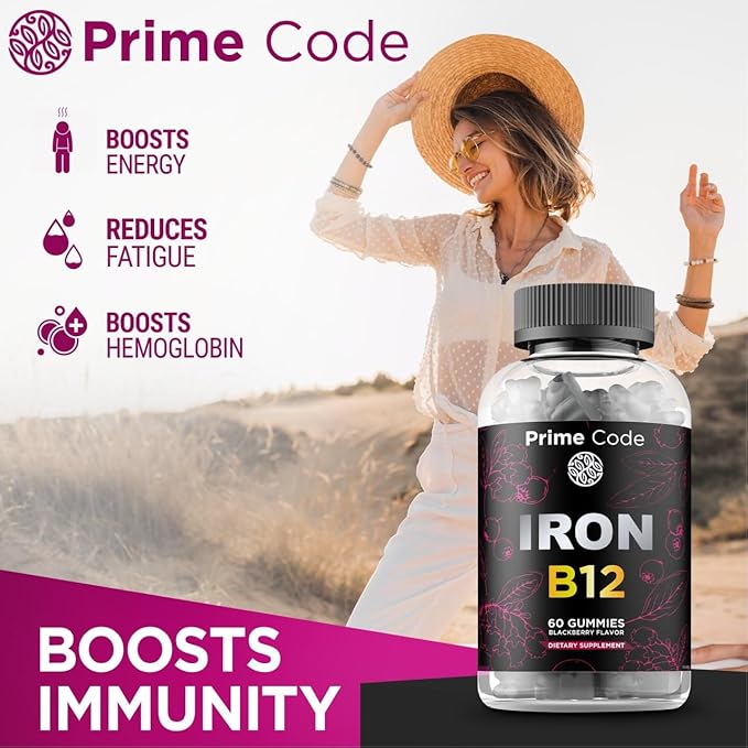 Prime Code Iron Gummies for Women &amp Men with Vitamin B12 [2 in 1] CoQ10 200mg &amp Vitamin C 250mg Gummies