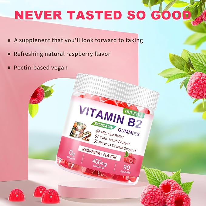 Vitamin B2 Gummies Riboflavin 400mg Supplement with Magnesium for Kids &amp Adults B2 Gummies for Migraine Relief Headache Relief &amp Nervous System Support Vegan Sugar-Free Raspberry Flavor 90