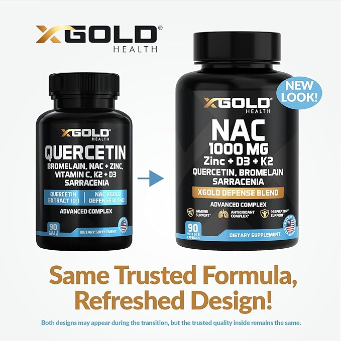 XGold Health NAC 1000 mg with Quercetin 95% Bromelain Zinc Vitamin C D3 &amp K2 Immune Support &amp Antioxidant Supplement Advanced Defense Blend 90 Veggie Capsules