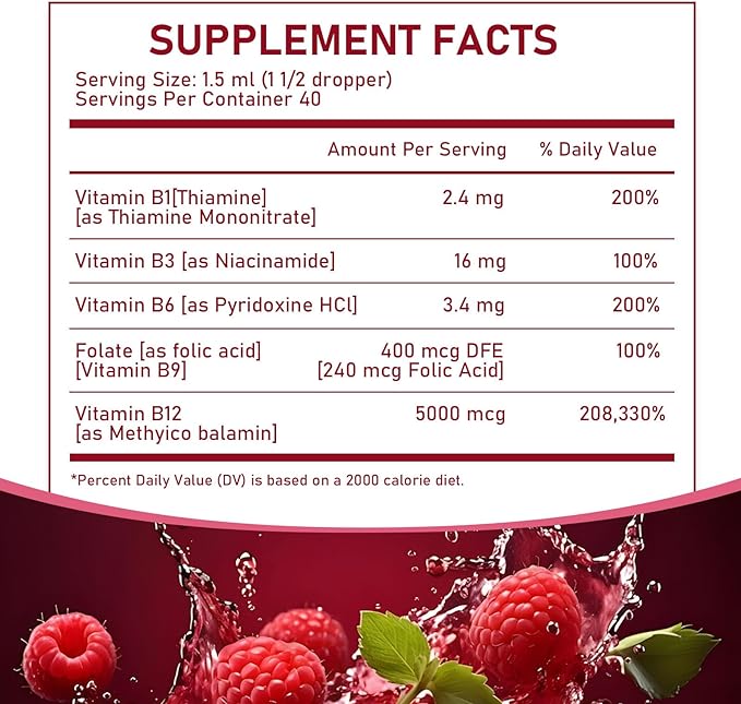 Vitamin B12 Complex with B1 B6 Vitamin B12 Raspberry Liquid Supplement Essential Vitamin 5-in-1 Vitamin B Complex Liquid Drops Brain Function Focus and Natural Energy Support (2PCS)