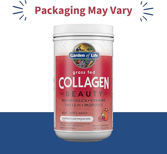 Garden of Life Grass Fed Collagen Beauty - Cranberry Pomegranate 20 Servings Powder for Women Men Hair Skin Nails Hydrolyzed Collagen Peptides Protein Powder Supplement