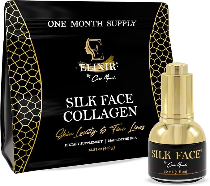 Elixir by Cocó March Silk Face Collagen Bundle for Fine Line Reduction Luxurious Illumination &amp Silky Radiance for Skin Hair Nails and Joints