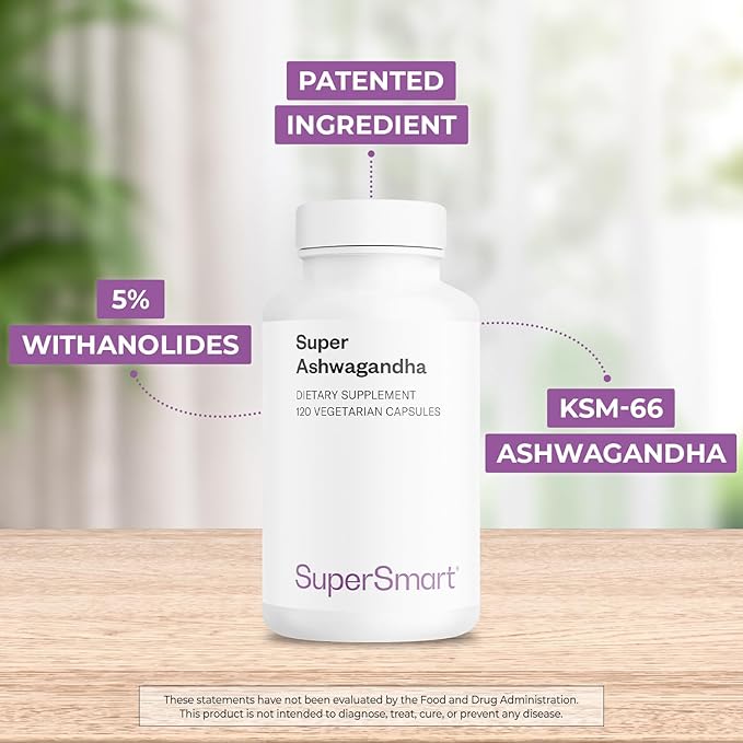 SuperSmart Super Ashwagandha 600mg per Day (Patented) - KSM-66 Ashwagandha - High Potency 5% Withanolides | Non-GMO &amp Gluten Free - 120 Vegetarian Capsules
