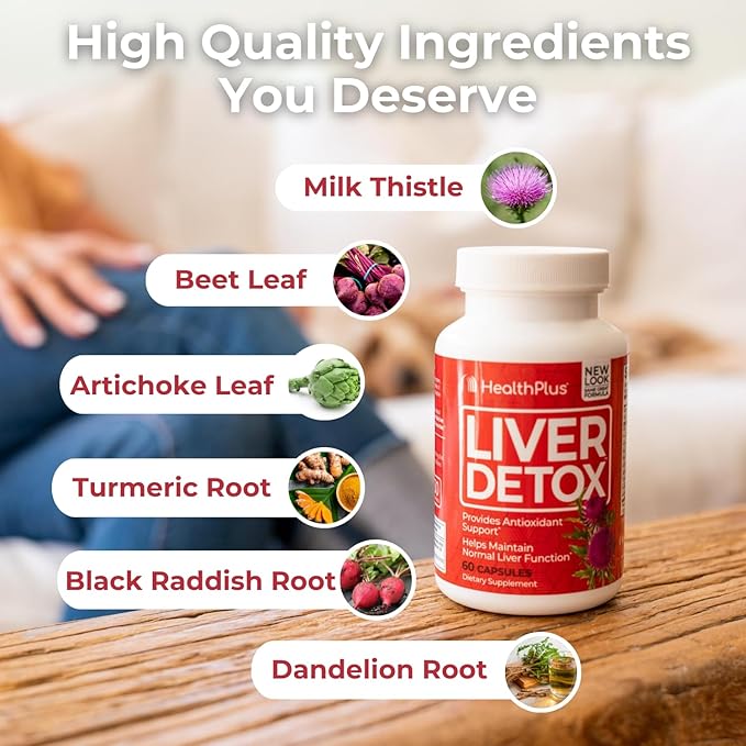 Health Plus Liver Detox Natural Herbal Liver Support &amp Detox Supplement with Milk Thistle Dandelion and Turmeric Root 60 capsules
