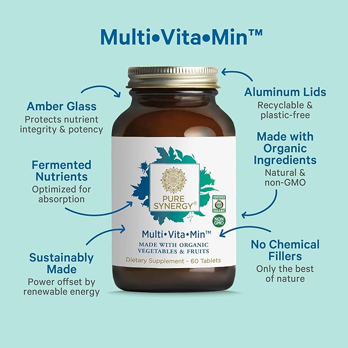 PURE SYNERGY Multi·Vita·Min | Vegan Multivitamin Made with Organic Whole Foods | Twice Daily Supplement for Men and Women | Core Nutrients for Energy Mood Immune and Bone Health (60 Tablets)