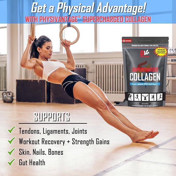 PhysiVantage Supercharged Collagen Peptides Powder - Hydrolyzed Collagen for Joint Tendon Ligament &amp Skin Health Support - Pomegranate Keto Paleo 16oz | Enhanced with Vitamin C BCAAs Grass