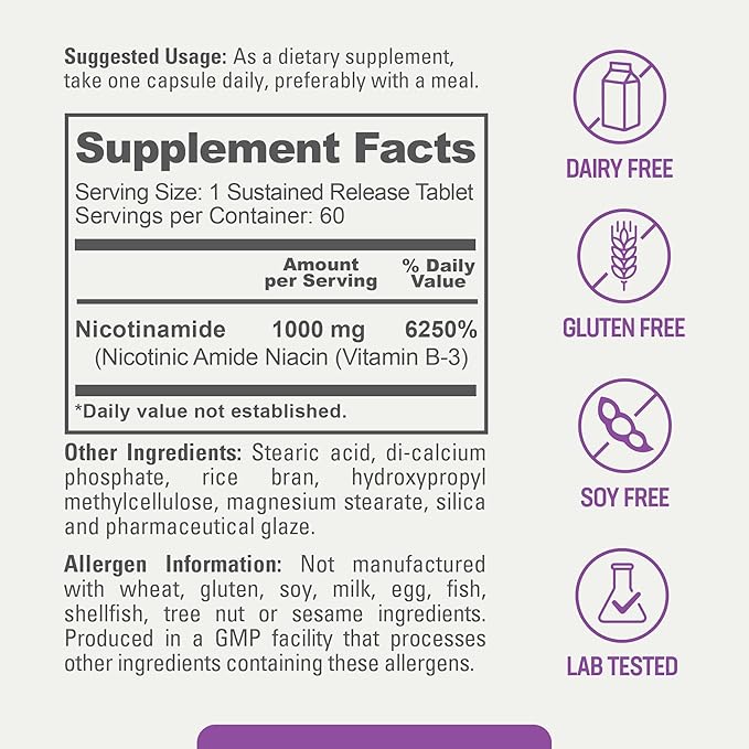 biophix B-3 Nicotinamide 1000 mg 60 Tablets Extra Strength Timed Release - Nicotinic Amide Niacin Natural Flush-Free Vitamin Formula - Supports Skin Cell Health
